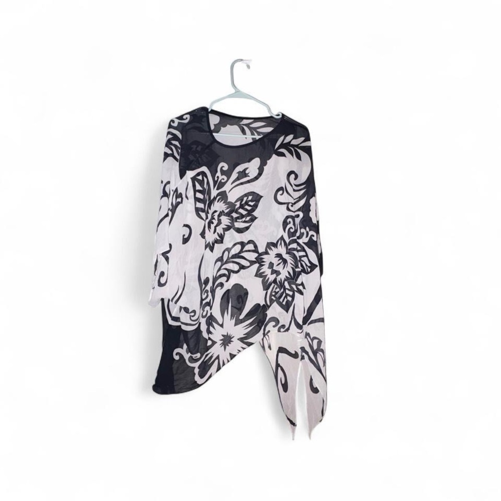 Black White 2000s Botanical Floral Side Slit Silk Poncho One Size